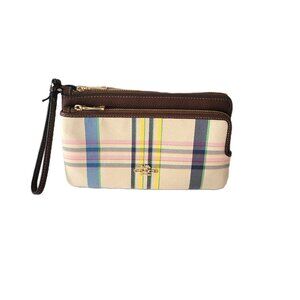 Coach CBO26 Double Zip Wallet Plaid Canvas Leather Clutch Wristlet Dark Natural